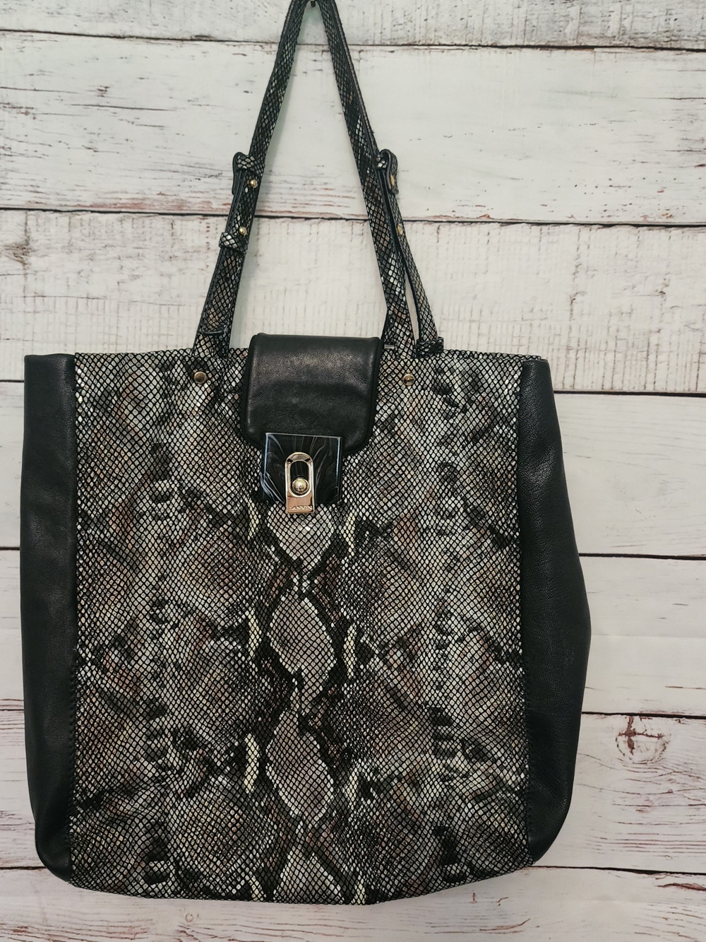 Lanvin Snake-Print Tote Bag with Black Trim